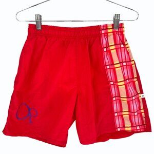 VTG 90s OP Ocean Pacific Swim Shorts Trunks Mens M Red Plaid Elastic Waist Liner
